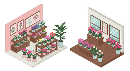 Isometric flower shop interior with colorful potted plants on display