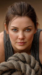 Athletic woman training with heavy battle rope