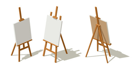 Isometric wooden easels with blank canvases on white background