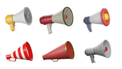 3d rendering of many designs megaphones on isolated white background