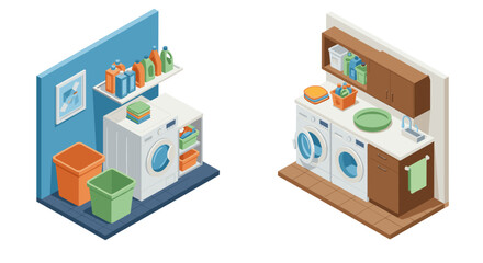 Obraz premium Modern isometric laundry room design with appliances and storage solutions