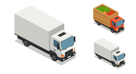 Isometric delivery trucks with cargo and produce in various sizes