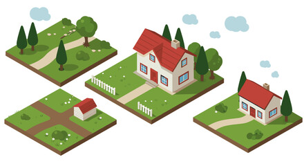 Charming isometric countryside with red roof houses and green landscape elements