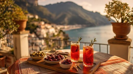 Two red cocktails with rosemary garnish on terrace overlooking scenic coastal Mediterranean bay, sunset drinks with olives