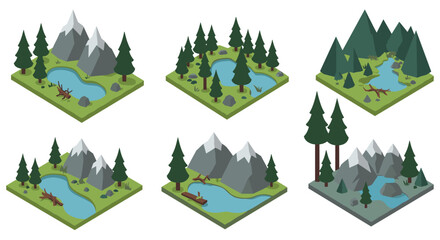 Obraz premium Isometric forest landscapes with mountains and lakes in 3d style