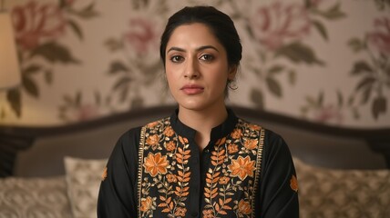 Woman in Black Outfit with Orange Floral Embroidery Seated Indoors: Warm Portrait with Floral Wallpaper and Ambient Lighting