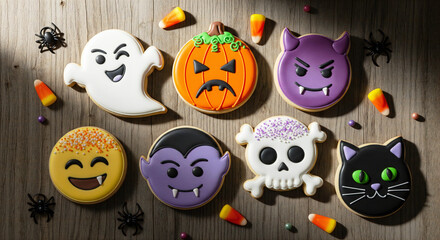 Delightful Halloween sugar cookies shaped as a ghost, pumpkin, devil, vampire, skeleton, cat, and emoji perfect for a spooky party or festive fall treat on rustic wood