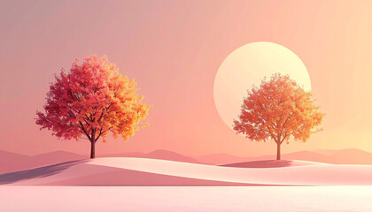 Horizontal Minimalist Autumn Abstract Landscape: Orange Trees, Sand Dunes, and Negative Space in Pastel Tones 