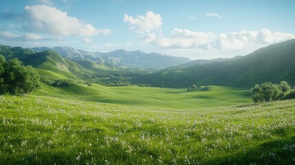 Fototapeta premium Sunny valley meadow, mountain backdrop, idyllic landscape, travel poster