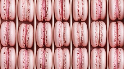 Rows of pink macarons neatly arranged in pastel display box