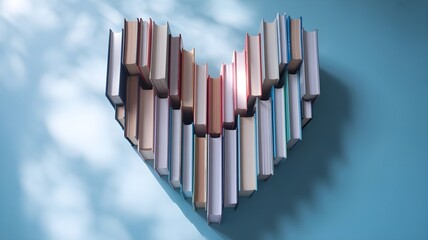 Obraz premium Books arranged in a heart shape on a blue background with soft shadows