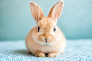 Obraz premium A small rabbit sitting on a blue knitted fabric. Cute baby animal concept for Easter holiday and pet care.