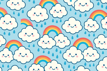 Seamless pattern of cute smiling clouds and rainbows with falling raindrops on a blue background