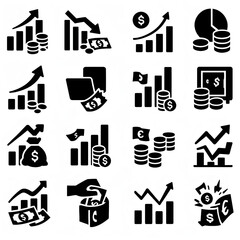 A collection of black silhouette finance icons showing charts, statistics, transactions, and payment operations. Perfect for fintech dashboards, accounting apps, digital banking systems, and business 