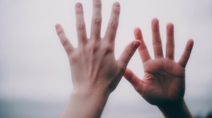 Hands in Harmony: Two hands delicately posed against an ethereal backdrop, conveying a sense of connection, introspection, and peaceful contemplation.