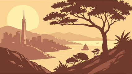 Coastal Cityscape at Sunset Silhouette Illustration of City Sea and Mountains.