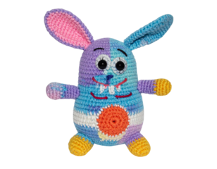 cute handmade crochet monster rabbit toy, colorful yarn, isolated on transparent background, png