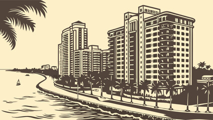 Fototapeta premium Coastal Cityscape Palm Trees Oceanfront Buildings and Promenade Illustration.