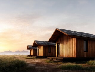 Obraz premium Three modern wooden houses with solar panels sit in a grassy landscape, basking in the warm glow of a sunset with mountains in the background.