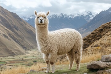 Fototapeta premium White alpaca standing on a grassy hill with mountains background. South american animal portrait. Andean wildlife. Farm life.