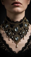  Ornate Victorian Choker Necklace. Black Lace and Pearl Jewelry.