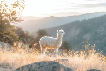 Fototapeta premium White baby alpaca standing in grassy field on a mountain during golden hour sunset. Cute farm animal against nature backdrop for wildlife concept.
