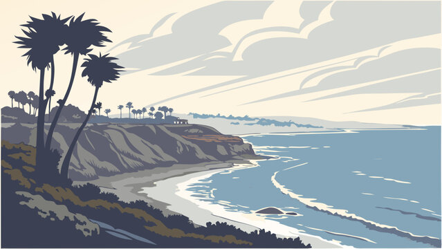 Coastal Landscape with Palm Trees and Ocean Waves Summer Vacation Travel Poster or Idyllic Scene Illustration.