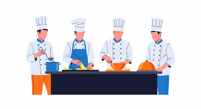 Chefs preparing food at a counter in a restaurant kitchen. - Powered by Adobe