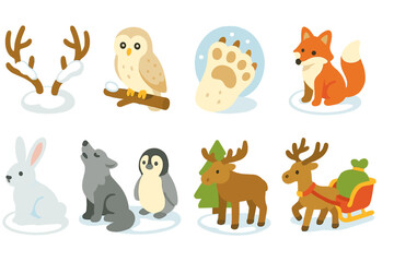 Naklejka premium Winter animal flat icon set. forest wildlife and holiday creatures illustrated.