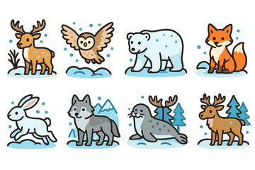 Fototapeta premium Wildlife animals icon set. cute forest and arctic animals in flat style