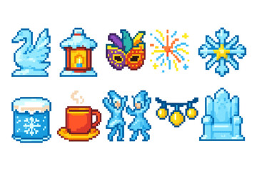 Obraz premium Pixel art holiday icon set. festive seasonal icons in flat pixel style.