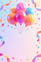 Vibrant, geometric balloons in shades of pink, orange, and blue float amidst confetti and ribbons on a soft, gradient pastel background, evoking a celebratory atmosphere.