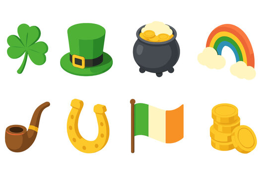 St. patrick's day 3d icon set. irish festival gold coins, rainbow, clover collection