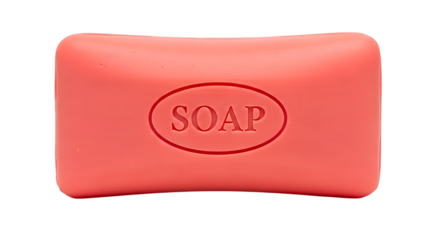 A single bar of pink soap with the word soap embossed on it
