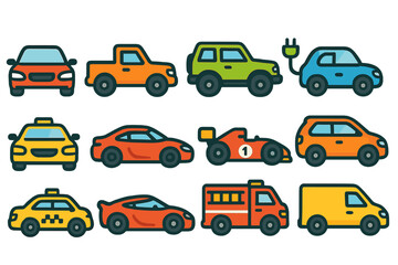 Fototapeta premium Transportation line icon set. vehicles, cars, bikes, and bus outline icon collection.