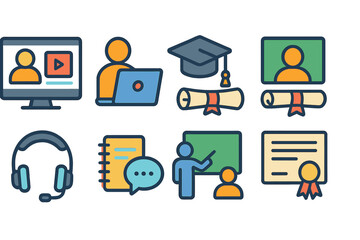 Online education flat icon set. e-learning, virtual classroom, graduation icons.