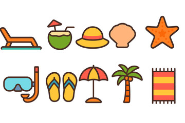Naklejka premium Beach and summer outline icon set: relaxation, travel, and ocean-themed symbols