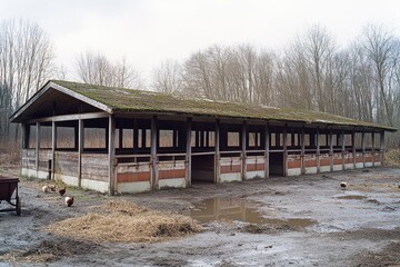 Obraz premium Large wooden barn with multiple open pens and mossy roof, a farm animal shelter or chicken coop with chickens roaming in mud.