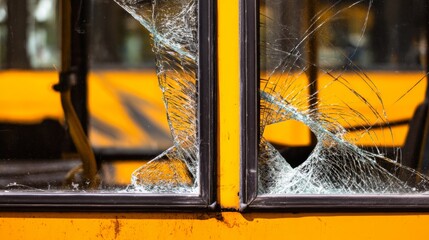 Close-up view of shattered and broken windows on an old damaged bus, showing cracked glass texture, urban decay detail, vandalism concept, transportation damage and safety accident background