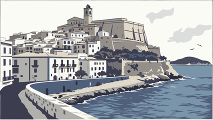 Obraz premium Coastal Town Seascape Mediterranean Style Architecture Hillside Village Ocean View Summer Vacation Travel Poster European Cityscape Illustration.