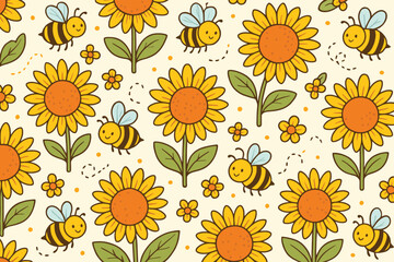 Charming hand drawn sunflower and bee pattern with a whimsical summer garden vibe