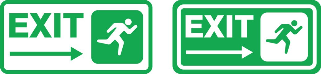 Vector illustration of green emergency exit signs with running man and directional arrows.