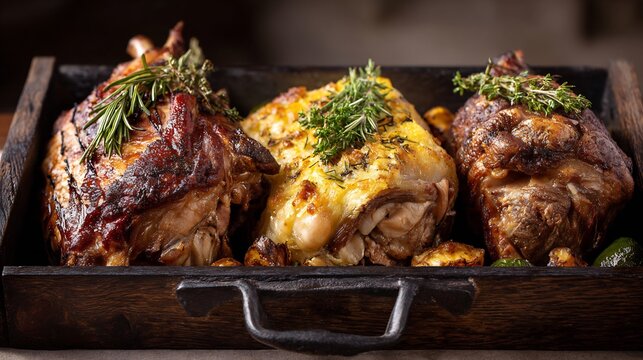 Lechazo Asado Castilian roast suckling lamb rustic oven baked style golden crispy skin traditional Spanish feast left right