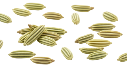 Closeup of fennel seeds isolated on transparent background, showcasing their distinctive shape, color, and texture, commonly used as a spice and flavoring agent