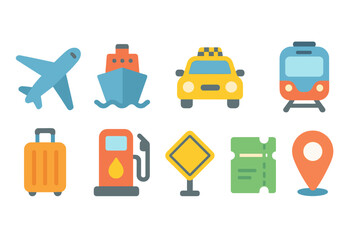 Transport and travel flat icon set: airplane, ship, taxi, train, suitcase, map