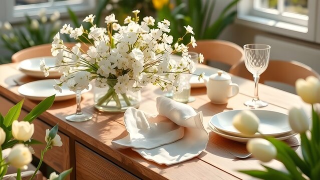 A sunlit dining table glows with elegance white tulips, crisp linens, and gleaming glassware set the scene for a refined springtime gathering. Fresh, inviting, and ready to host.