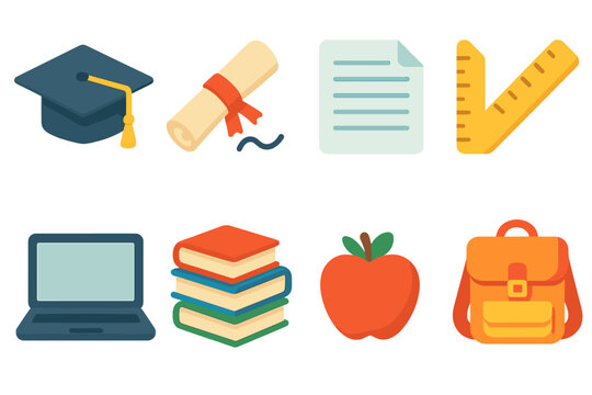 Education and school flat icon set. learning, teaching tools collection in flat design.