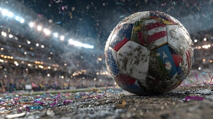 Muddy soccer ball after victory