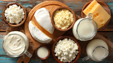 yogurt. Assorted dairy products on wooden board, rustic kitchen setting with soft light. menu design, packaging mockups, designed for food delivery and cloud-kitchen brand materials.
