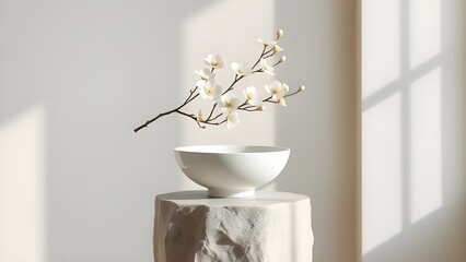 A white ceramic bowl cradles a delicate branch of white blossoms, perched atop a textured pedestal that evokes stone or plaster.
